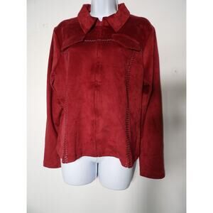 Montanaco Womens Large Faux Suede Blazer Jacket Maroon Red Crochet Zip Boho